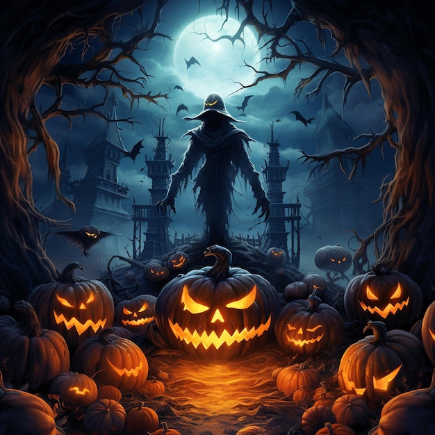 Haunting Halloween Menacing PumpkinHead in a Spooky Moonlit Scene