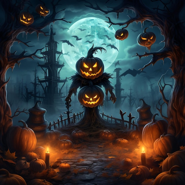 Haunting Halloween Menacing PumpkinHead in a Spooky Moonlit Scene