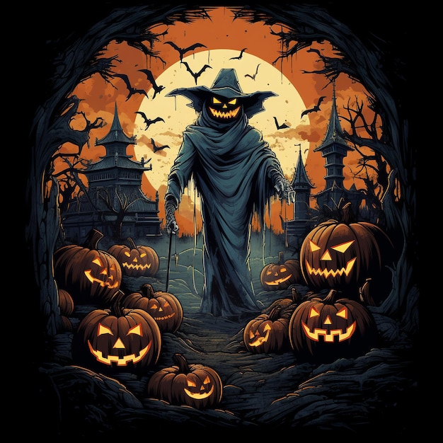 Haunting Halloween Menacing PumpkinHead in a Spooky Moonlit Scene