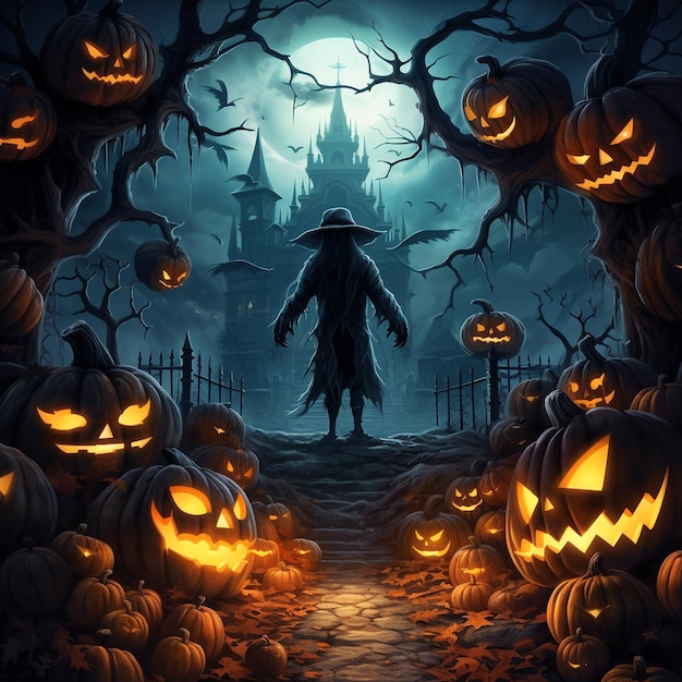 Haunting Halloween Menacing PumpkinHead in a Spooky Moonlit Scene