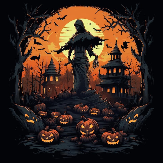 Haunting Halloween Menacing PumpkinHead in a Spooky Moonlit Scene