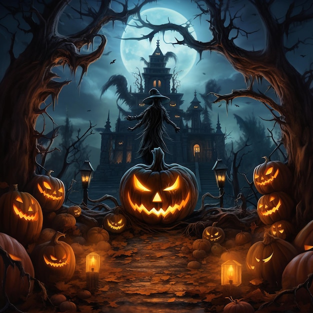 Haunting Halloween Menacing PumpkinHead in a Spooky Moonlit Scene