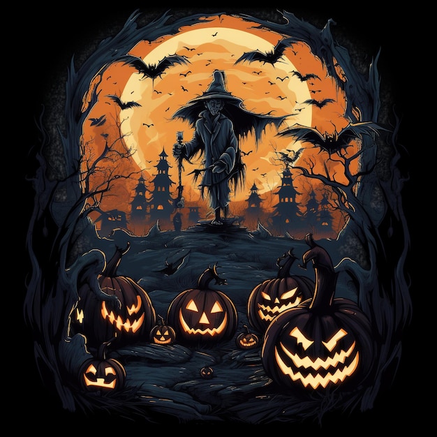 Haunting Halloween Menacing PumpkinHead in a Spooky Moonlit Scene