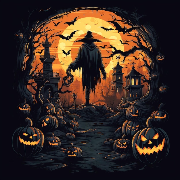 Haunting Halloween Menacing PumpkinHead in a Spooky Moonlit Scene