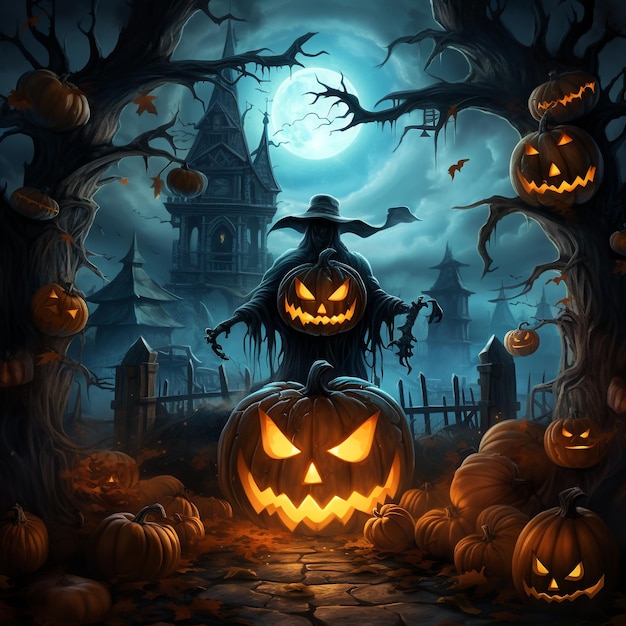 Haunting Halloween Menacing PumpkinHead in a Spooky Moonlit Scene