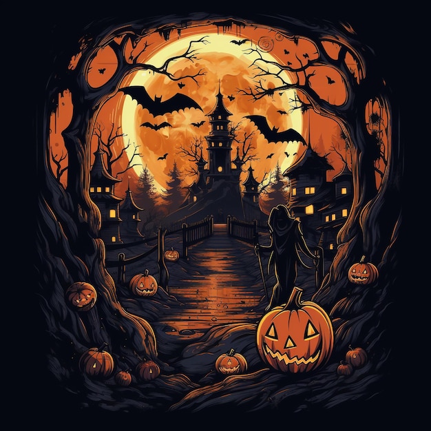 Haunting Halloween Menacing PumpkinHead in a Spooky Moonlit Scene