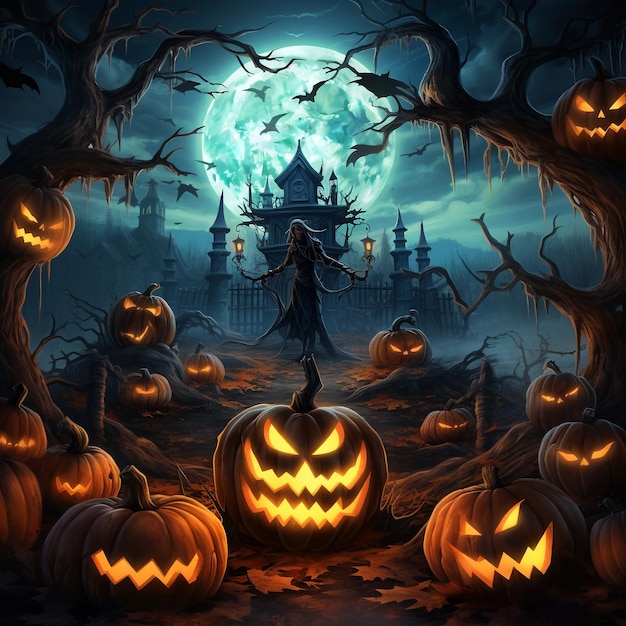 Haunting Halloween Menacing PumpkinHead in a Spooky Moonlit Scene