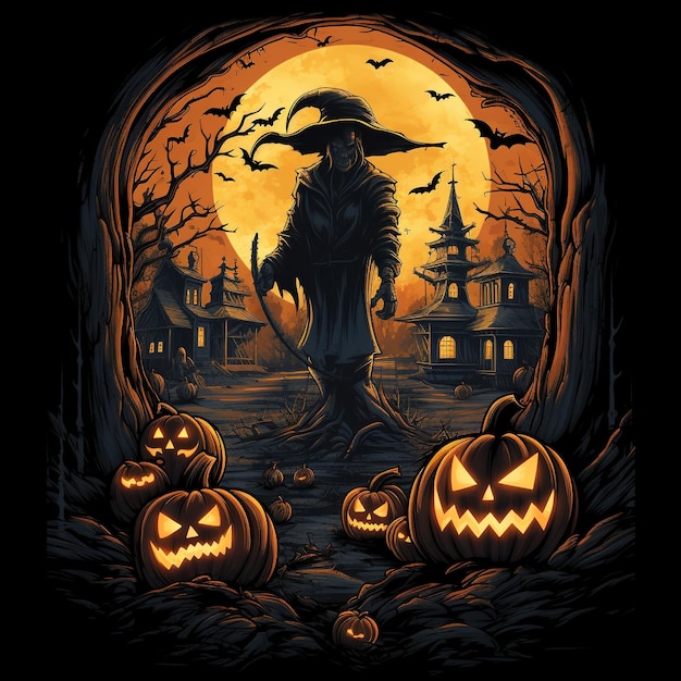 Haunting Halloween Menacing PumpkinHead in a Spooky Moonlit Scene