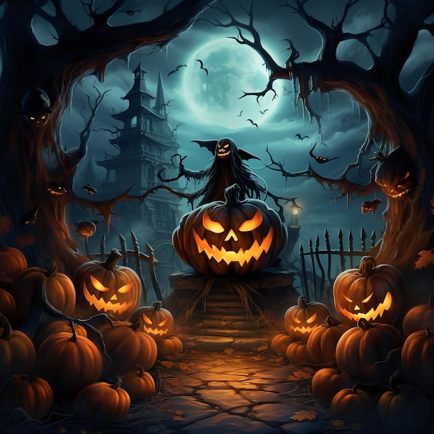 Haunting Halloween Menacing PumpkinHead in a Spooky Moonlit Scene