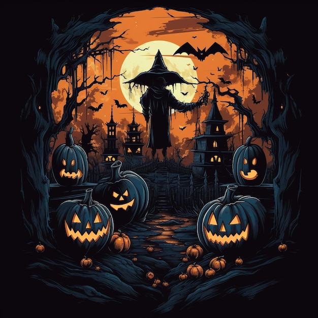 Haunting Halloween Menacing PumpkinHead in a Spooky Moonlit Scene