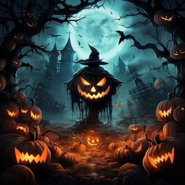 Haunting Halloween Menacing PumpkinHead in a Spooky Moonlit Scene