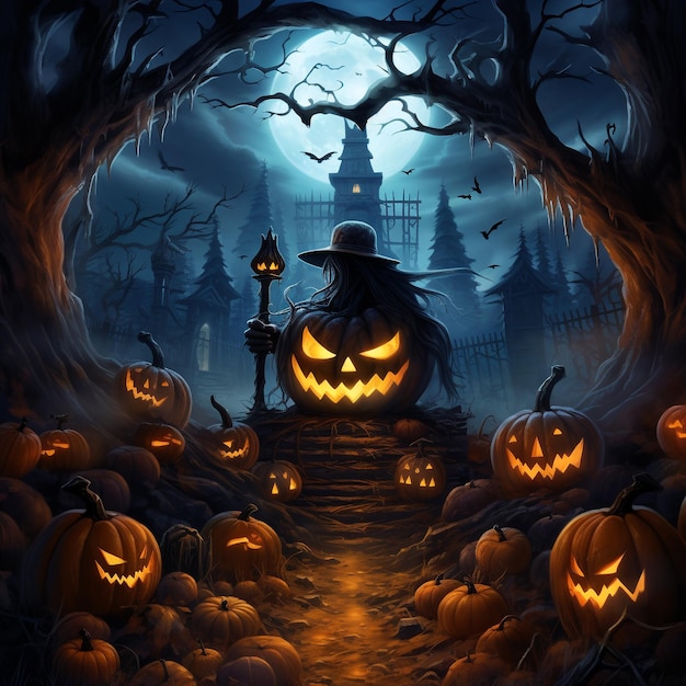 Haunting Halloween Menacing PumpkinHead in a Spooky Moonlit Scene