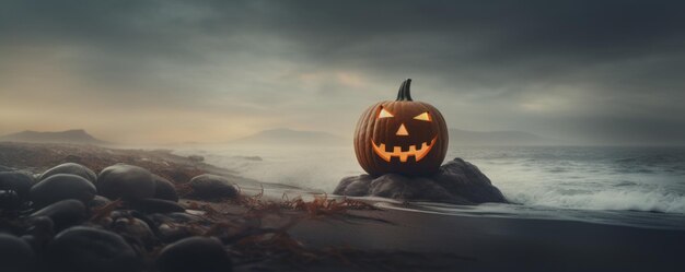 Haunting Halloween setting Luminouseyed pumpkins amidst misty smoke near the Red Sea at night