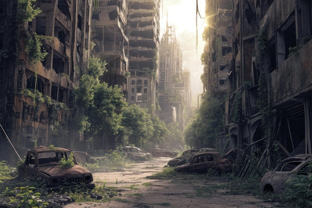 Haunting image of a deserted city reclaimed by nature showcasing a dystopian beauty