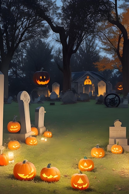 Haunting Jack Lanterns in eerie graveyard ideal for spooky projects