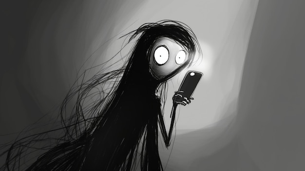 In haunting monochrome a figure is illuminated only by the ghostly glow of a smartphone