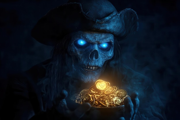 A haunting pirate skeleton holding a treasure bowl illuminated by eerie blue light amidst a dark atmospheric backdrop