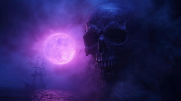 A haunting scene featuring a large skull illuminated by a mysterious purple moon and surrounded by fog over the ocean