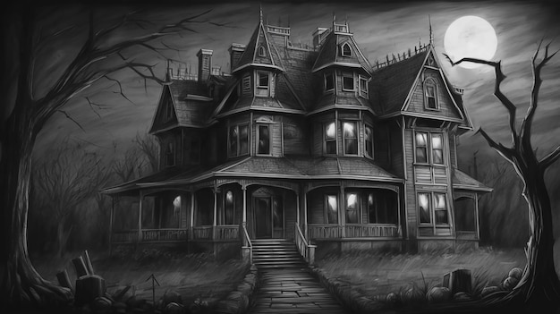 Haunting Shadows Dark Mansion Digital Art Wallpaper