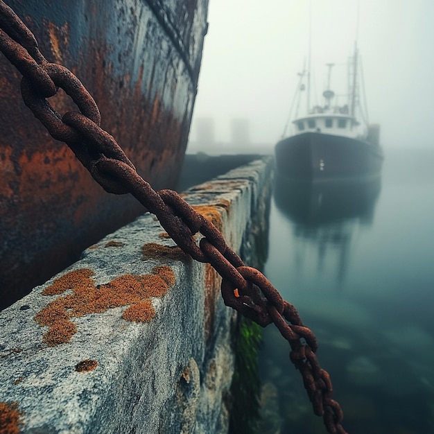 Photo haunting shipwreck in a foggy desolate harbor