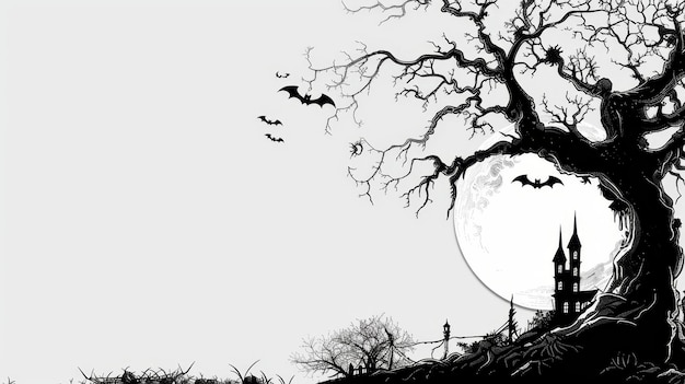 Photo a haunting silhouette of a bare tree against a full moon with bats flying overhead and a spooky