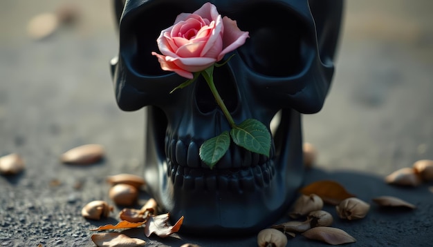 Photo a haunting skull adorned with a blooming rose and surrounded by dry withered leaves