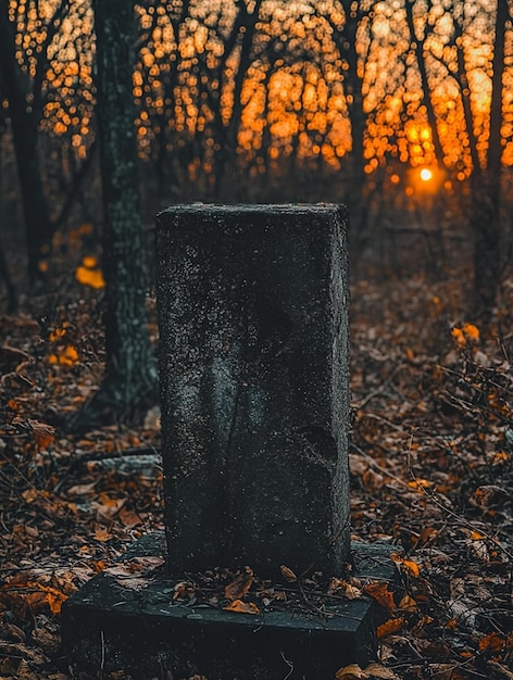 Haunting Sunset Over Abandoned Grave Marker in Serene Forest