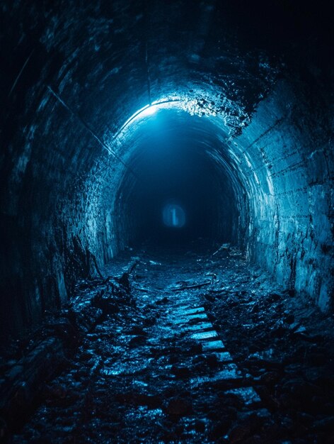 Photo haunting underground tunnel with mysterious blue light