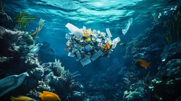 Photo a haunting underwater scene showing a mass of plastic waste surrounded by vibrant marine life