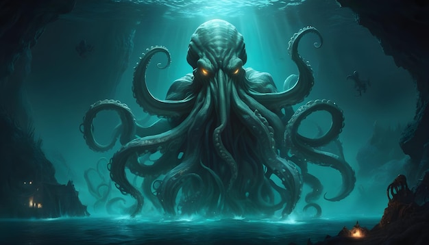 a haunting underwater scene with Cthulhu rising from the abyss