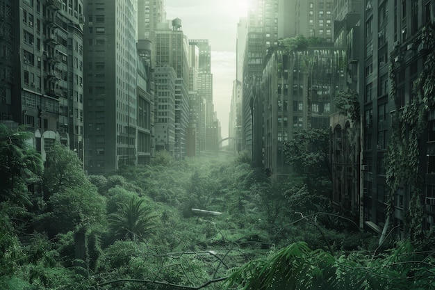 A haunting view of an abandoned cityscape overtaken by nature with dense greenery and fog Abandoned cityscape overtaken by nature and wildlife