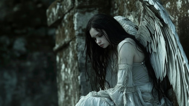 A hauntingly beautiful angel with pale skin and flowing black hair perched upon a crumbling stone