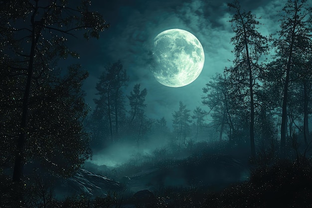 A hauntingly beautiful scene captures a full moon illuminating a dark mystical forest shrouded in gentle fog and quiet mystery