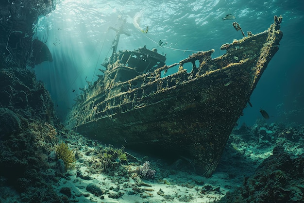 A hauntingly beautiful sunken shipwreck surrounded by vibrant ocean life tells tales of the past beneath the waves