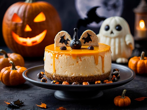 A hauntingly good pumpkin cheesecake with ghost and bat decorations