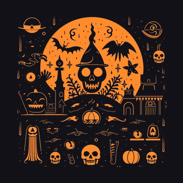 Photo hauntingly stylish halloween art spooky skulls witch hats and pumpkin galore