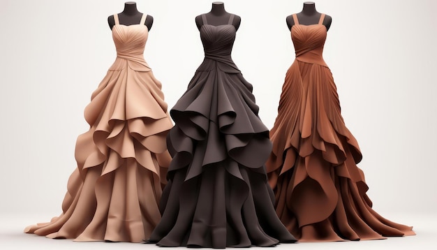 Haute couture evening gowns flat design front view sophisticated theme 3D render Monochromatic