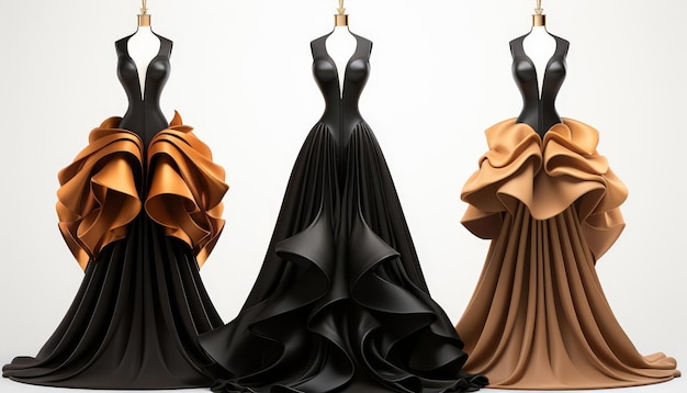 Haute couture evening gowns flat design front view sophisticated theme 3D render Monochromatic