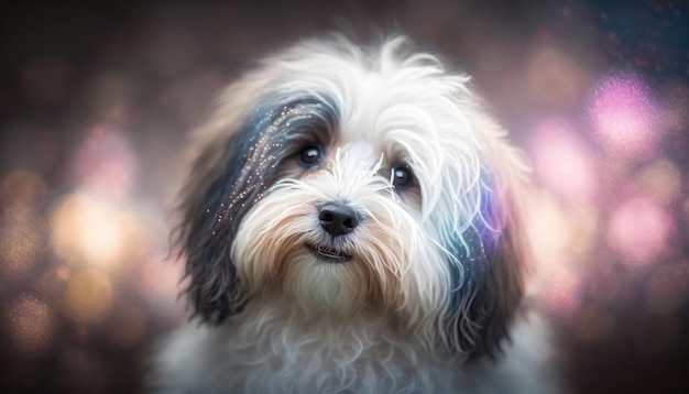 Havanese Dog Medium Shot White Pink Blue Magical Fantasy Bokeh Generative AI