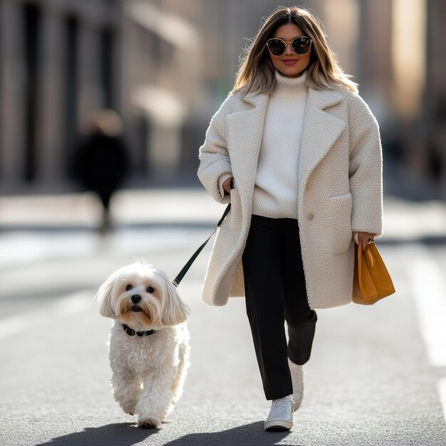 Photo a havanese dog walks alongside a fashionable owner on a city street