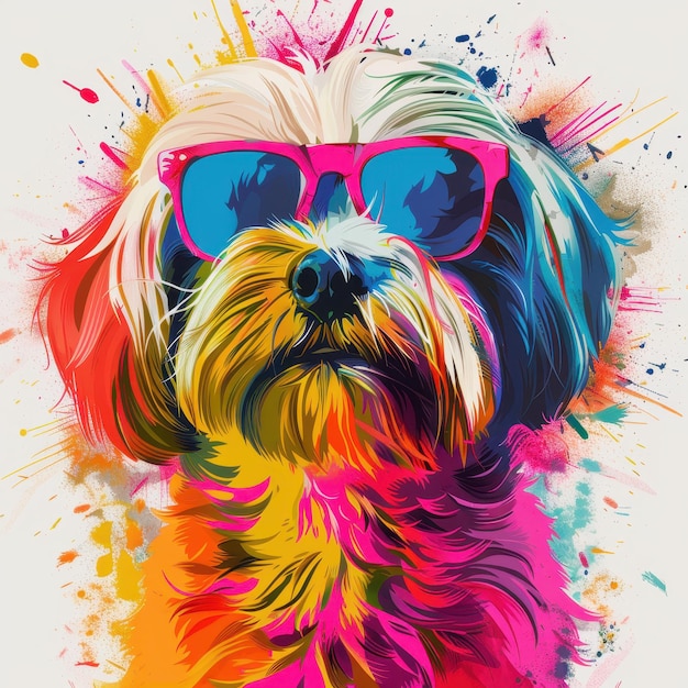 Havanese dog wearing sunglasses in colorful pop art style