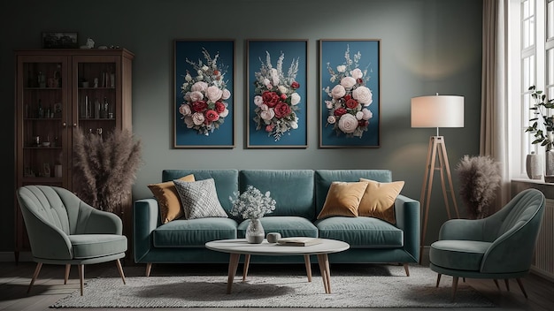 A Haven of Tranquility A Stylish Living Room with a Plush Green Sofa and Vibrant Floral Art