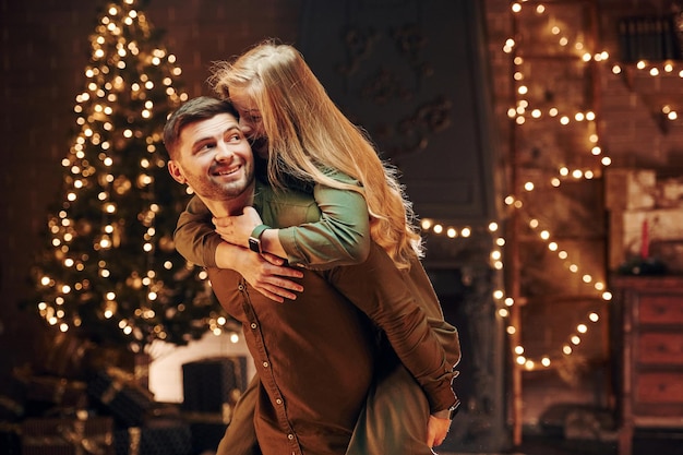 Having fun Young lovely couple have romantic dinner indoors together