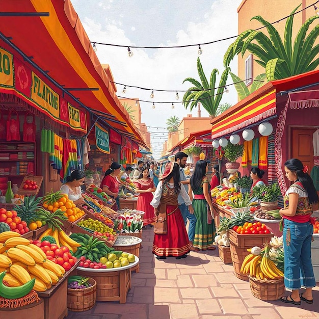 Hawaii illustration in retro comic style Indonesia landscape in digital art Street market at sunset