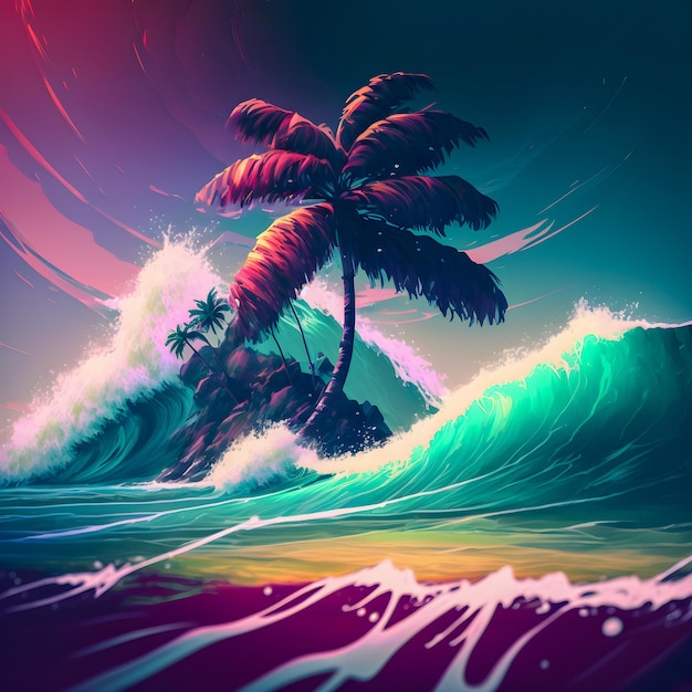 Hawaii palm tree and ocean waves illustartion