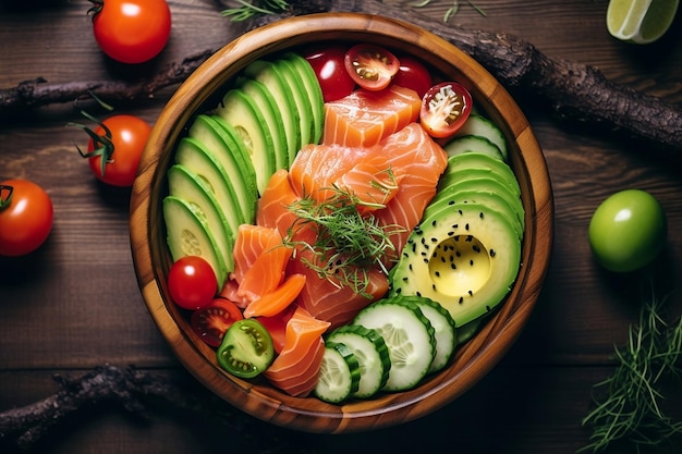 Hawaiian dish with salmon avocado and cucumber