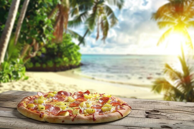 Photo hawaiian pizza against tropical beach background