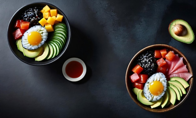 Hawaiian poke bowl in a dark theme food advertisement