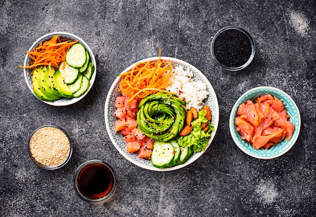 Hawaiian poke bowl with salmon, rice and vegetable