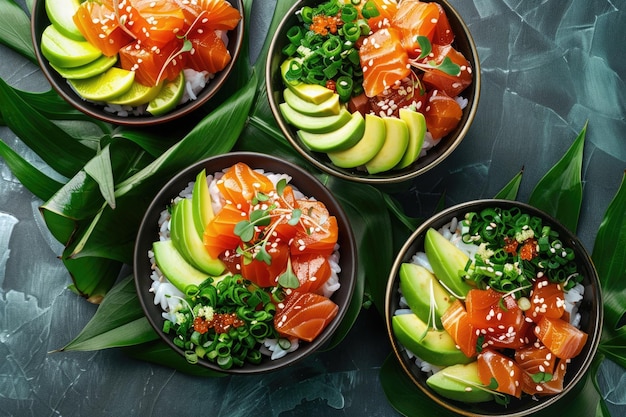 Hawaiian salmon poke bowl with avocado rice and sesame